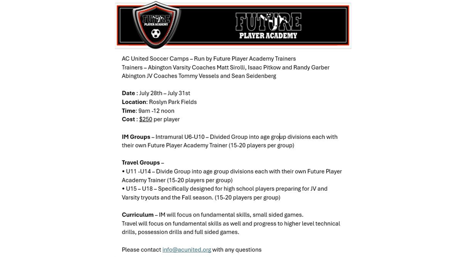 Future Player Academy Soccer Camp (July 28-31)
